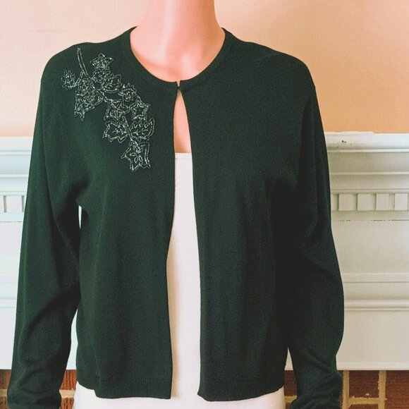 Liz Claiborne Black Silk Cardigan 12 Women's Open Front Long Sleeve Bead Flower - Picture 2 of 9